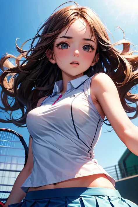 A girl with wavy,long light brown hair,(((Tennis wear))),(tennis court),(((photo taken from below))),(((mini skirt))),(panty shot),Upper body only,tits