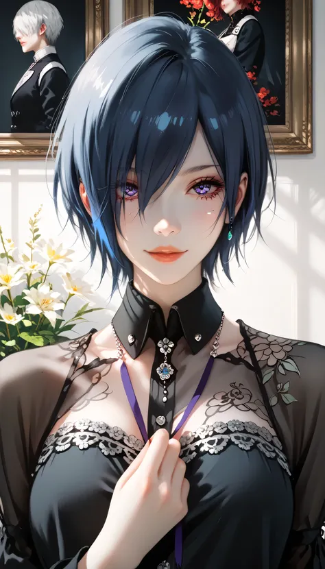 Kirishima touka,Beautiful face, white skin, a quiet smile, two lips, two calm eyes, a blue-purple eye, blue hair that tends to violet, short hair, her hair covers the left part of her face, A black interior shirt decorated with clothing decorations, a thin...