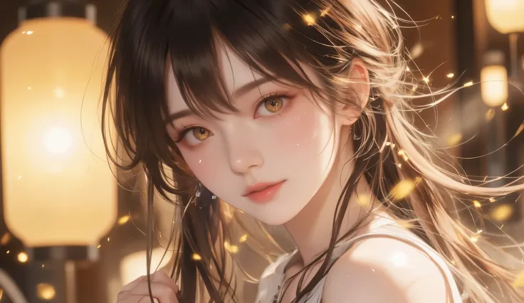 A highly detailed anime-style close-up portrait of a beautiful young woman with long, flowing brown hair that cascades naturally around her face and shoulders. Her hair is slightly tousled, with individual strands catching the soft ambient light, creating ...