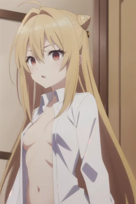  dterakomari ,  very long hair,  blond hair,  red eyes,  small breasts,  hair bun , ahoge,  hair between eyes,  open shirt showing breasts.