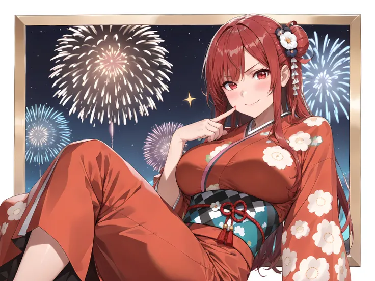 A beautiful woman wearing a kimono,(((1 girl))),snap shot,
 long hair, Thin Waist , get angry:1.2、A determined look、(((Big Breasts))),Smile,small hand,((Fingers５ left leg ）)、2D, cute, anime style, red eyes, bun hair, (highest quality, 4K, 8k, high resoluti...