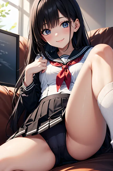  adult woman,  alone,  sexy, 8k resolution,(( top quality)),  super high resolution, ( shy smile ), (black eyes),  beautiful symmetrical face  , ( long black hair), Black Sailor Suit , uniform skirt , knee-high socks, is present:1.4,( Masterpiece:1.2),  pe...