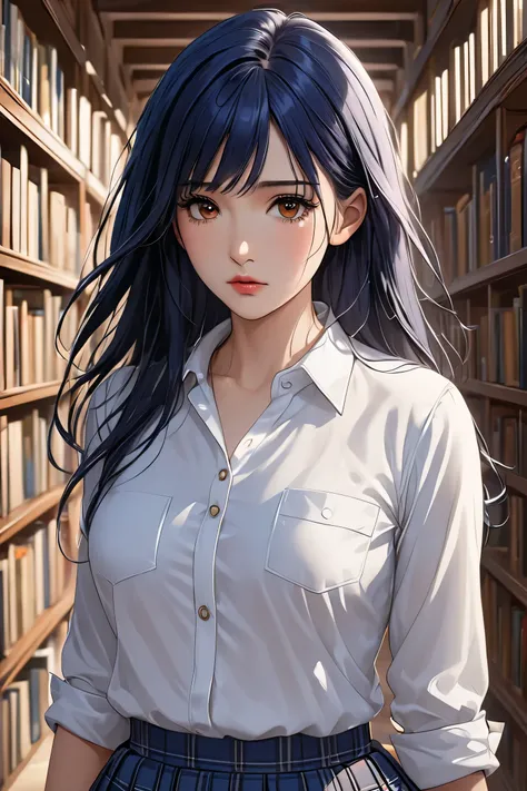 (masterpiece, best quality, 8k, high definition), whole body, 1 woman, medium-length dark blue hair, mid-chest, brown eyes, soft lips, beautiful face, wearing a plaid skirt and white button-up shirt, natural light, detailed background, Detailed Illustratio...