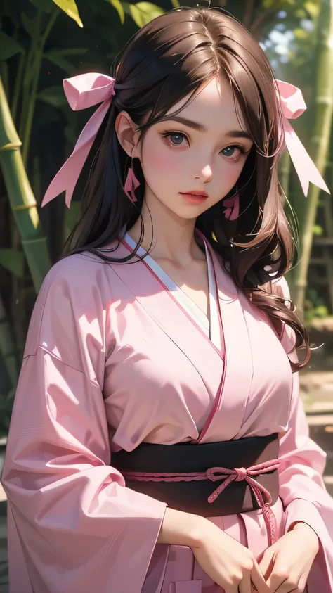 (best quality,4k,8k,highres,masterpiece:1.2),ultra-detailed,(realistic,photorealistic,photo-realistic:1.37),1girl,solo,Tsuko Kamato,bamboo,brown hair,(((pink ribbon))),checkered belt,gag,gradient hair,haori,japanese clothes,kimono,long hair,looking at view...