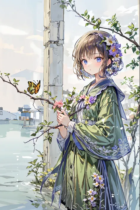  super detailed illustration , Masterpiece, top quality, 1 girl,Yanghe ,flower, short hair,  Hair,flower, butterfly,flowers tire, scattered leaves ,branch,