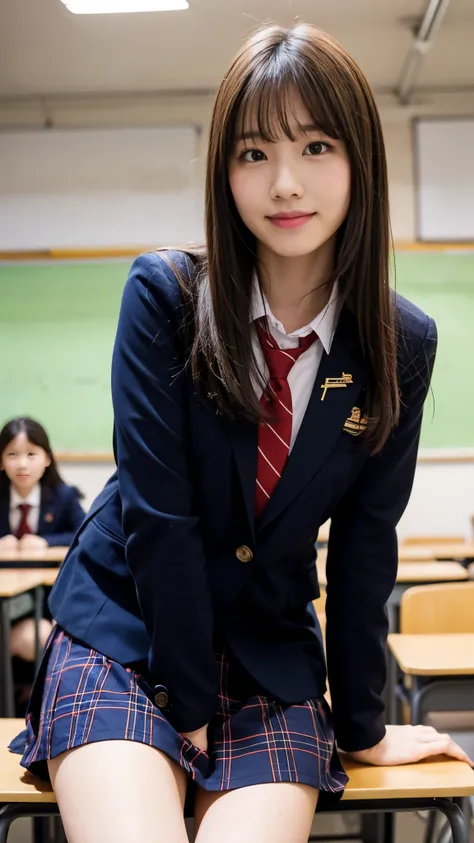   Girl Standing in School Classroom  , red tie uniform , Dark Blue Closed Blazer, Blue Plaid Skirt,18 years old,bangs, small smile , thighs,Knee,from below， random pose， cute girl，