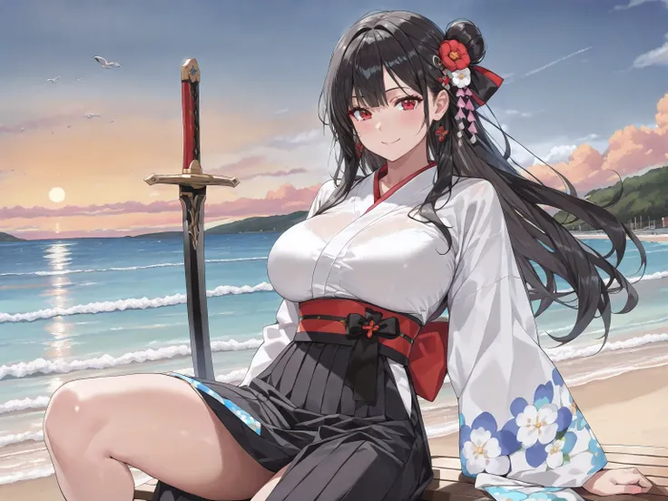 A beautiful woman wearing a kimono,(((1 girl))),snap shot,
 long hair, black hair、 Thin Waist ,  troubled expression、 stare at me with a thin long sword、(((Big Breasts))),Smile,small hand,((Fingers５ left leg ）)、2D, cute, anime style, red eyes, bun hair , (...