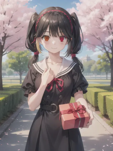A stunningly beautiful 20-year-old woman stands in a lush green park full of cherry blossoms in full bloom under a clear blue sky. She is wearing a classic sailor uniform and holds a neatly wrapped gift box with a red ribbon in both hands in front of her c...
