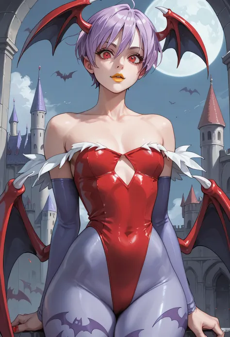 woman, light purple hair, red eyes, white skin, yellow lipstick, anime style, thin waist, big hips, demon wings, horns, vampire, bat, dark room, gloomy castle, Lilith, dark stalkers 