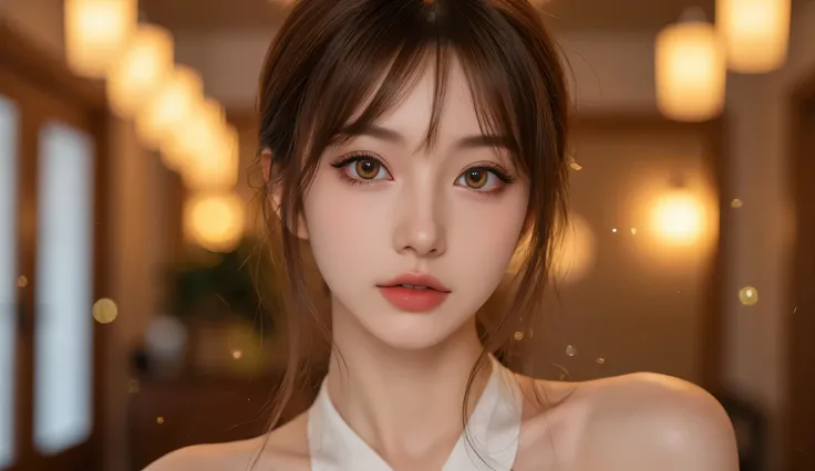 A highly detailed anime-style close-up portrait of a beautiful young woman with long, flowing brown hair that cascades naturally around her face and shoulders. Her hair is slightly tousled, with individual strands catching the soft ambient light, creating ...