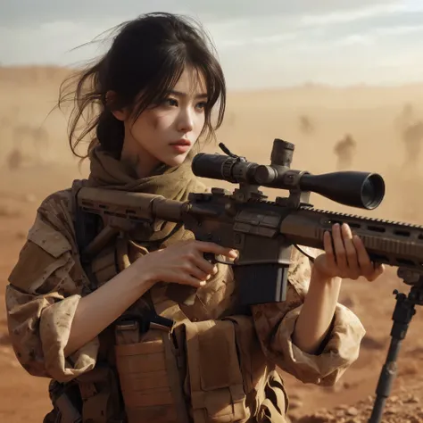 (Best quality, 8k, photorealistic: 1.37),  photorealistic、 realistic skin texture、 army is taking aim with a sniper gun in a wasteland.、 on a freight train in a wasteland 、A beautiful Japanese woman belonging to the 、Sand Dust、 moving motion pose 、Full bod...