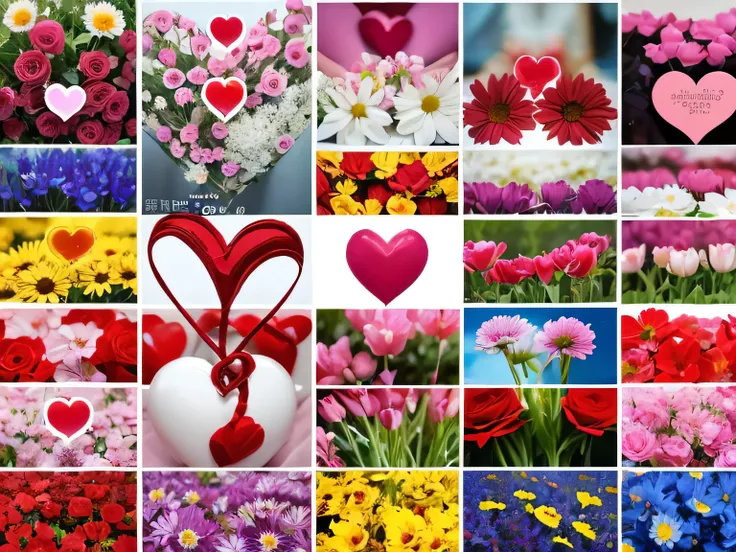 a close up of a collage of pictures of hearts and flowers, many hearts, (heart), hearts, several hearts, 2 5 6 x 2 5 6, 256x256, 愛と平和と団結, 3 2 x 3 2, Large colorful image ,  montage , 愛はすべての始まり, wonderful, hearts symbol,  Flow of Love and Happiness 