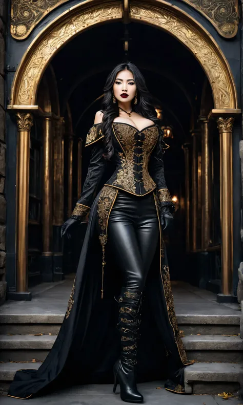 Stunning woman (ethnicity:asian, age:20-30, detailed clothing:1.2, accessories:1.2, facial features:1.3, expression:serious, body type:slender, pose:standing),  in elaborate black and gold Victorian-era gown steampunk (detailed embroidery:1.2),  long glove...