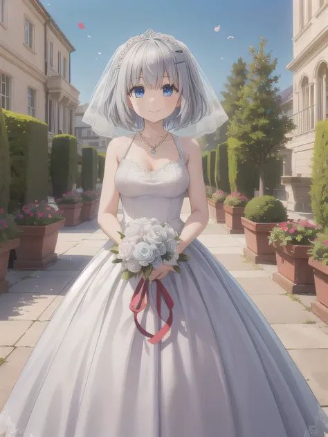 A stunningly beautiful 20-year-old woman standing in the courtyard of a luxurious mansion under a clear blue sky. She is wearing a white and blue wedding dress and holds a red bouquet with both hands in front of her chest. She looks very happy, with a radi...