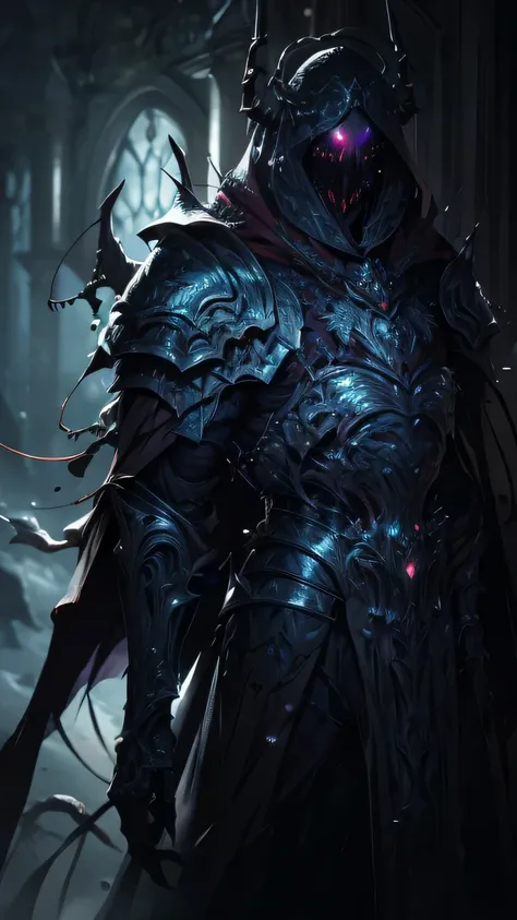 a corrupted humanoid monster, undead dark knight, arc heretic, dark fantasy, demonic armor, detailed armor, intricate details, dark metallic textures, glowing eyes, sharp claws, twisted and deformed body, ominous atmosphere, dramatic lighting, cinematic co...