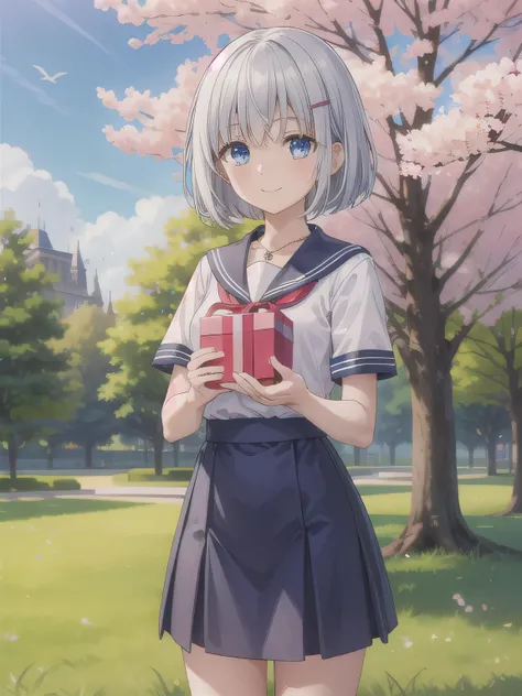 A stunningly beautiful 20-year-old woman stands in a lush green park full of cherry blossoms in full bloom under a clear blue sky. She is wearing a classic sailor uniform and holds a neatly wrapped gift box with a red ribbon in both hands in front of her c...