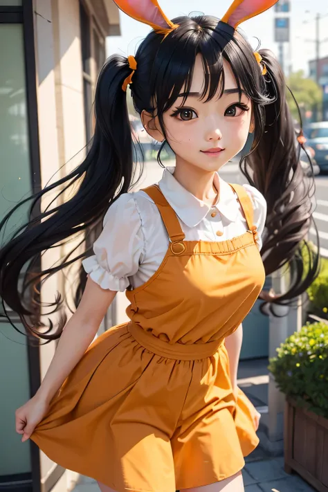  cute girl、 twin tails、 black hair、 rabbit ears、 orange clothes 、 BLUE SKIRT 