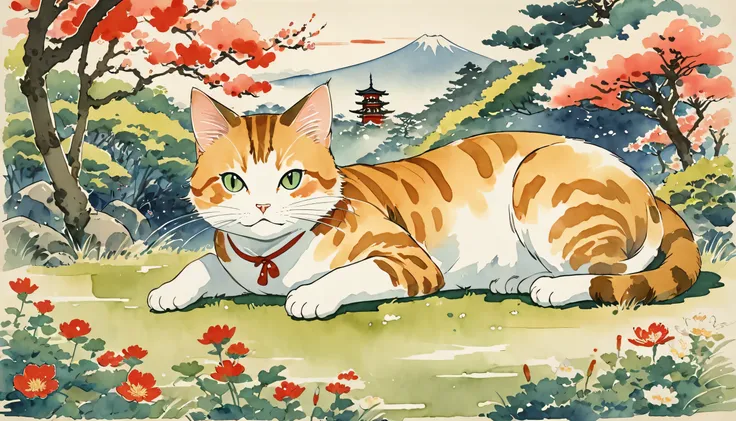  There is a cat lying on the grass, Japan,  monster, Japan watercolour, Japanese illustrator, Inspired by Hishikawa Moronobu, Japan nature, Japanese illustration, Japan poster, Japanese inspiration, by Unkoku Togan, Japanese cartoon style, Japanic style, w...