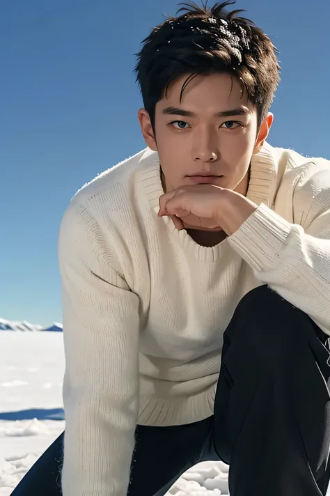  Japanese　　 handsome　 short dark hair  　　short cropped 　　　male　Slim figure　　　　Tight white thick knit  　 sweater　　　 black pants 　The background is Antarctica　In the snow　　Just snow 　　　white thick knit 　 sweater　　　 face up composition from shoulder　　 face up...