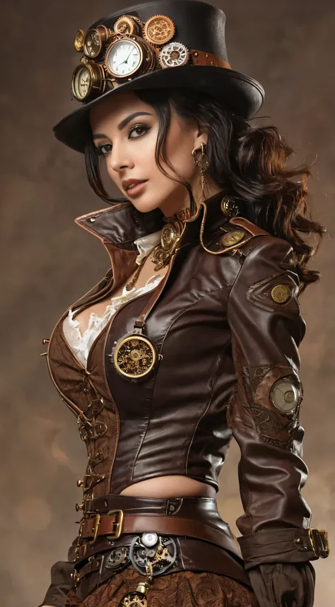 A stunning female figure (ethnicity:1.2), (age:1.1), dressed in a detailed steampunk-inspired outfit, featuring a fitted brown leather corset with intricate gold embellishments and buttons, adorned with a white lace shirt underneath, wearing a matching bro...