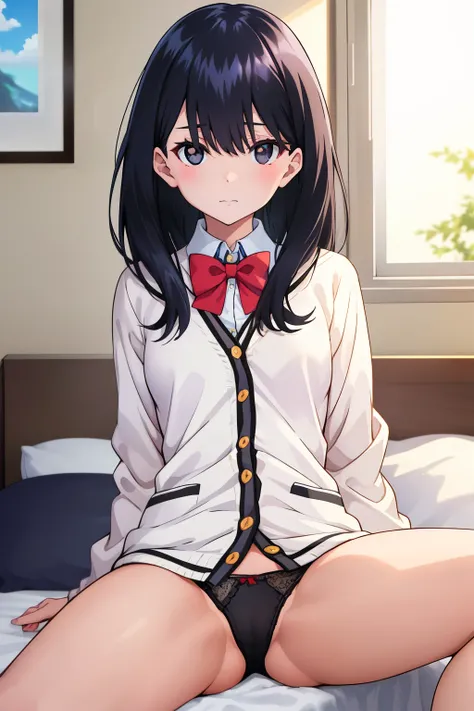 ssss.gridman, {takarada rikka}, black hair, shoulder long hair, black eyes,small breasts, droopy　
eyes,tsurime,white long sleeve cardigan, white shirt, wing collar, red bowtie,looking at viewer,black panties,sitting on a bed,sitting,spread legs,bewitching ...