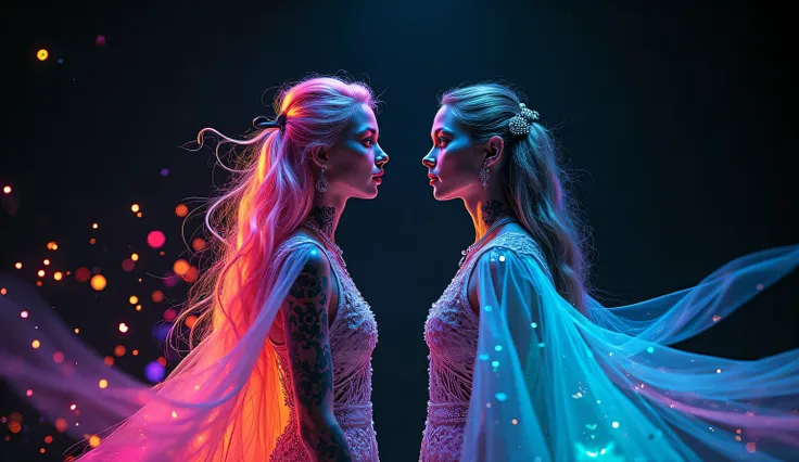   TWO MYSTICAL mystical woman facing each other holding their arms out[centered] dressed in elegant and futuristic urban attire .  Her vibrant  ( neon rainbow tribal tattoos shine with a supernatural glow , capturing the observer's attention. wearing cloak...