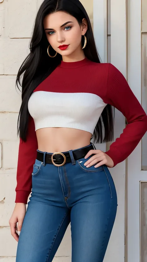 Beautiful 19-year-old brunette girl with straight and long black hair with blue eyes wearing high-waisted jeans with belt and top showing her navel with thick legs
Wearing red lipstick wearing earrings