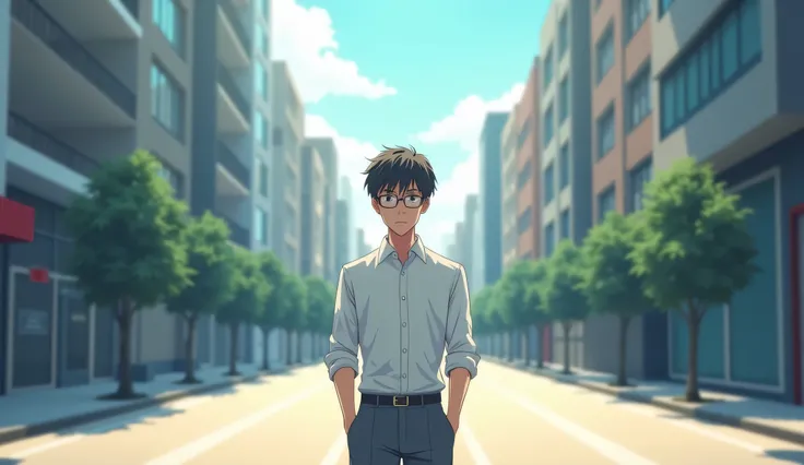 An anime-friendly looking male business character who is wearing glasses, with medium-length hair, wearing a white button-up shirt with rolled-up sleeves and gray slacks. He is standing at a crossroads in a minimalist cityscape, one path leading to a vibra...