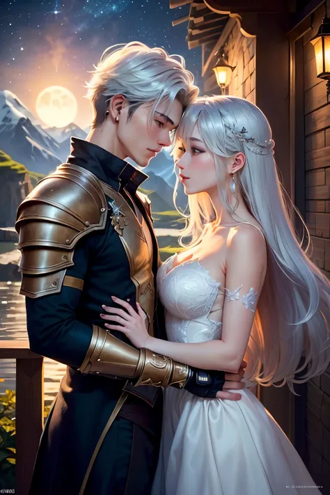 A **handsome K-pop guy** with **tan skin** and **short, silver anime-style hair**, accessorized with **stylish K-pop earrings**, shares a **romantic moment** with a **beautiful girl** in the enchanting world of **Final Fantasy**. The scene is set under a *...