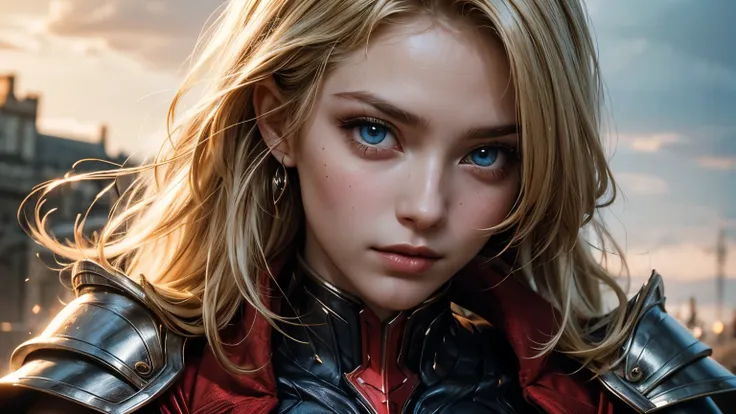 A beautiful woman. Blonde hair and blue eyes. Twenty years old. facial details. She is looking at the camera with a similar expression. She wears red metallic armor. .