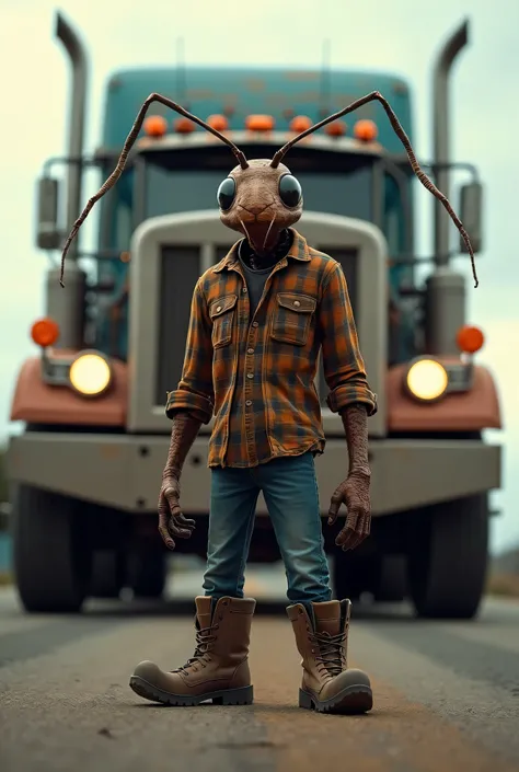 Full body image seen from below of an anthropomorphic truck driver with the skin and head of a termite wearing trucker's clothing in front of a truck 