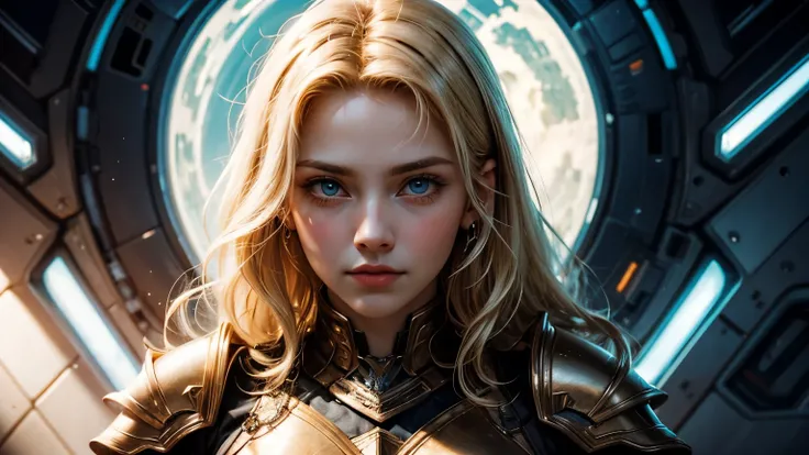 A beautiful woman. Blonde hair and blue eyes. Twenty years old. facial details. She is looking at the camera with a defiant expression. She wears tight red armor. She's in a spaceship.