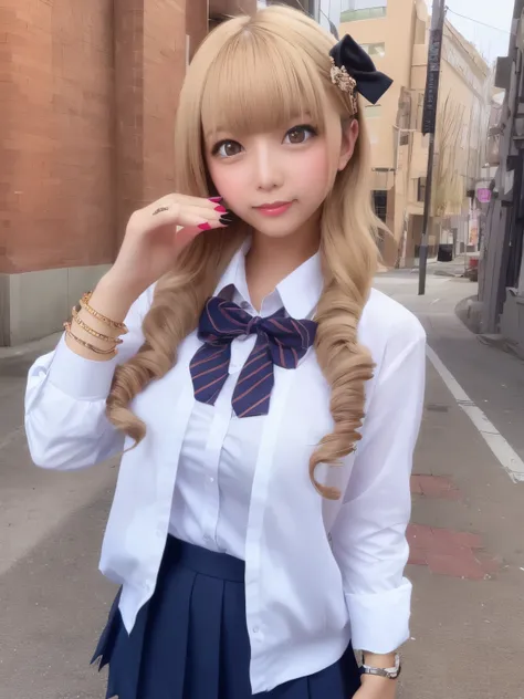 8k, Solo Beautiful (Kogal gyaru)   girl,   2 hair accessories  ,     jewelry, Compensate,   bracelet, Manicure, Compensate,
((  school uniform)), bow,   skirt,     sweater  ,
  honey blonde hair