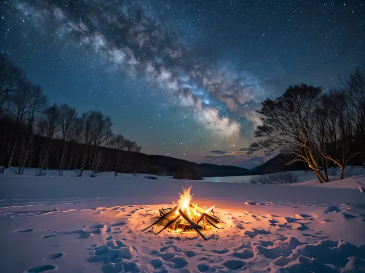 Bonfire、 heal 、Sound waves、 relaxation、nature、night、night空、 Milky Way、snow