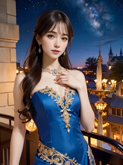 a solo beautiful princess, elegant, detailed, pretty, (rubenesque), (romanesque background), (night sky), elegant detailed dress, (art by dgtlv2 and henry asencio and zeen chin and josephine wall and edwin deakin), (masterpiece), (good anatomy),