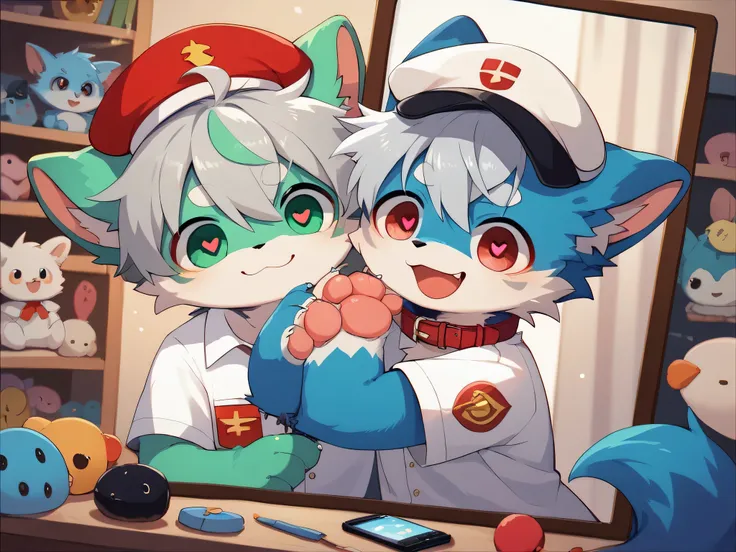  very detailedな, very detailed, blue fur gray hair,,male,骨を見てExcited, heart eyes,participate, red collar, green white and colored hat, cute face, fluffy fur like one,Excited,Horny boy,Beautiful room,mirror,Smartphone, 's room ,Smiling face,Dropped ears, le...