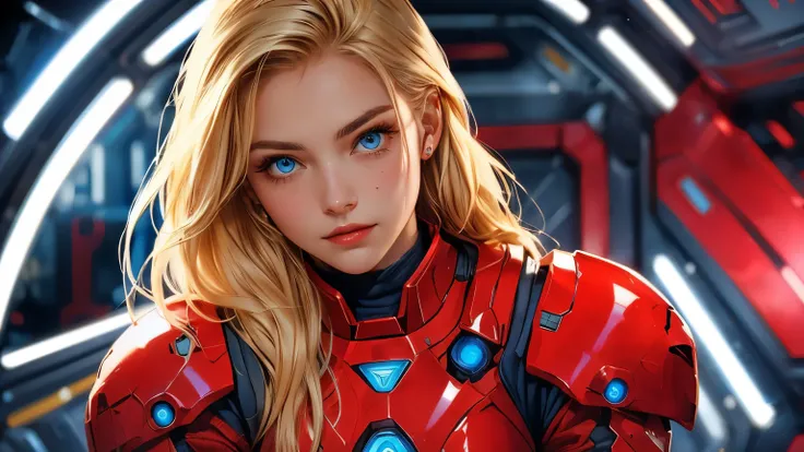 A beautiful woman. Blonde hair and blue eyes. Twenty years old. facial details. She is looking at the camera with a defiant expression. She wears tight red armor. She's in a spaceship.