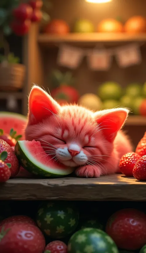 An adorable, whimsical kitten crafted entirely from a ripe, juicy watermelon with tiny, delicate watermelon slices forming its ears and a watermelon skin, sleeping on the shelf of a fruit-seller shop. Its face features soft, watermelon skin and a little wa...