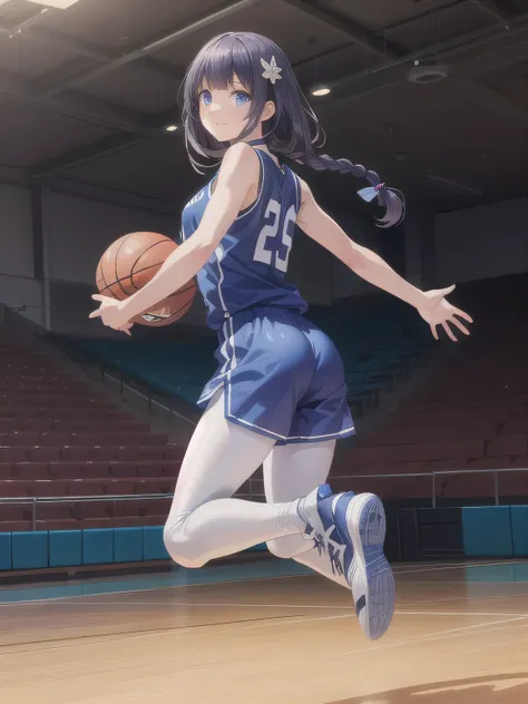 A young female basketball player executing a dynamic jump shot with precision and grace. The basketball is held firmly in both hands as she aims for the hoop, her form exuding confidence and mastery. Her slim-fit basketball uniform highlights her athletic ...