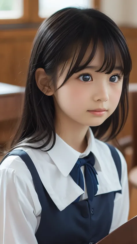 Imagine a charming illustration in the style of Loundraw, Depicts a beautiful schoolgirl. She is wearing a classic school uniform, With a fitted skirt and a perfectly lined shirt. Her long black hair, With soft bangs, Falling gracefully over her shoulders....