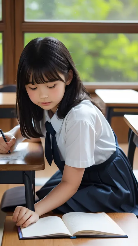 Imagine a charming illustration in the style of Loundraw, Depicts a beautiful schoolgirl. She is wearing a classic school uniform, With a fitted skirt and a perfectly lined shirt. Her long black hair, With soft bangs, Falling gracefully over her shoulders....