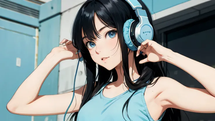   Ghibli style , cute girl ,   black semi-long hair   ,Sexy Blue Eyes ,   sexy face,   light blue camisole , casual outfit,80's style,  blue headphones,Headphones on 