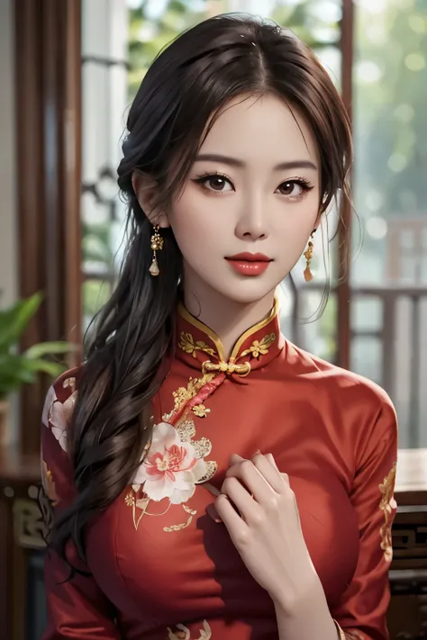 a  Chinese woman wearing a cheongsam,
(((masterpiece))), ((best quality)), ((intricate detailed)), ((Hyperrealistic)), absurd res, milf, mature woman, perspective, highly detailed, illustration, 1girl, ((large breasts)), perfect hands, detailed fingers, be...