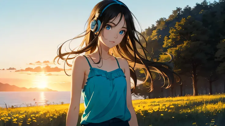   Ghibli style , cute girl ,   black semi-long hair   ,Sexy Blue Eyes ,   sexy face,   light blue camisole , casual outfit,80's style,  blue headphones,  is ridiculous,  high resolution, ( Official Art,  beautiful and aesthetic :1.2),  Close View,
Bright S...