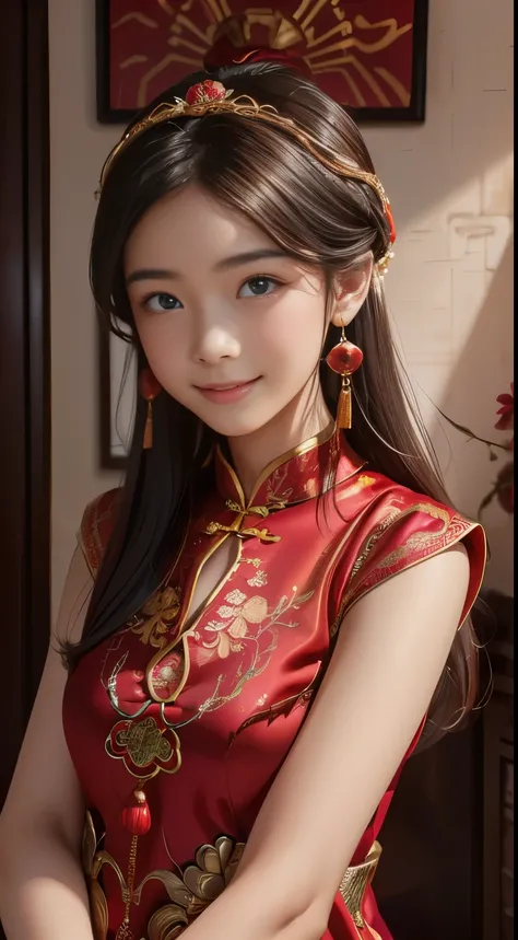 A beautyful girl，Coiled hair，((Beautiful red Chinese Xiuhe dress))，fine embroidery，(Gold bead headdress)，A pair of shiny earrings hang from the ears，Sweet smiling，His face flushed，ssmile，Flowers in hand