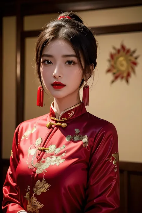 1girls,shrubs,Girl-Girl,china dress,Red Chinese Clothing,Blunt haircut,(masterpiece:1.4),(bestquality:1.4),(oily shiny skin),Red lips,looking at the audience,Big breasts,cleft lip, Upper body,