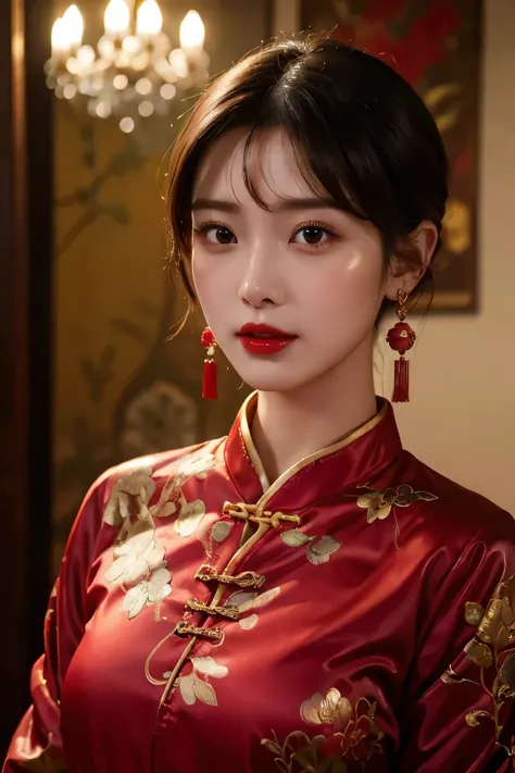 1girls,shrubs,Girl-Girl,china dress,Red Chinese Clothing,Blunt haircut,(masterpiece:1.4),(bestquality:1.4),(oily shiny skin),Red lips,looking at the audience,Big breasts,cleft lip, Upper body,