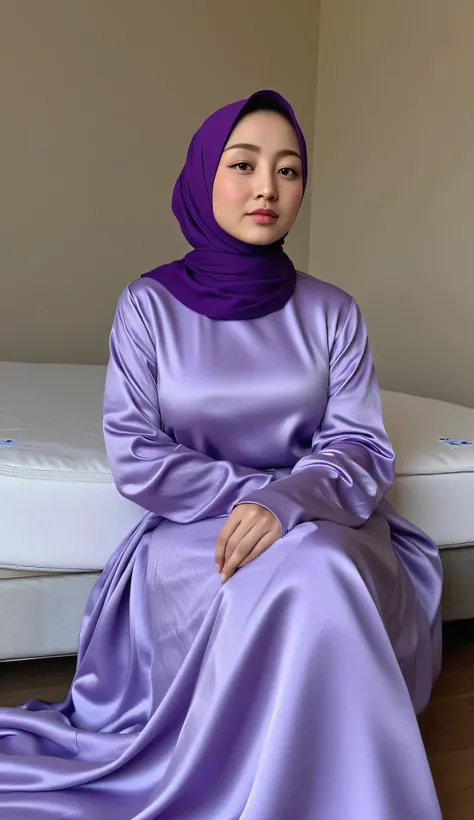 a woman of high stature, sitting next to the mattress, Facing front, use a dress of long satin material to the feet of light purple color, Use a hijab to cover the hair and neck of purple color