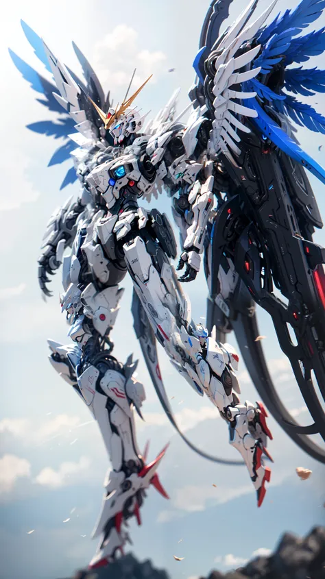 Hyperrealistic art BJ_Gundam, wings, solo, blue_eyes, weapon, wings, gun, no_humans, glowing, robot, mecha, clenched_hands, floating, science_fiction, mechanical_wings, v-fin,,
cinematic lighting,strong contrast,high level of detail,Best quality,masterpiec...