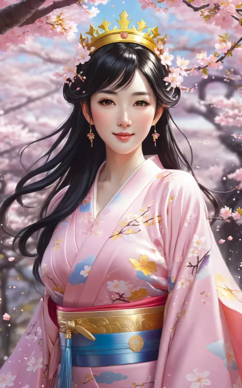 dark-haired goddess with a golden crown with shining stars, A dark-haired young goddess wearing a pink kimono with a crown and stars smiling amidst a cherry blossom landscape ,Concept Art ：Jan J, pixiv contest winning work,  fantasy art , Goddess in a Japa...